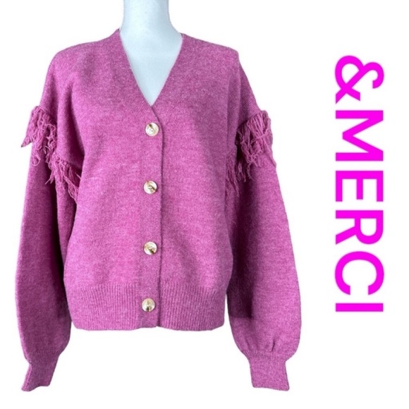 &MERCI Button Front Cardigan, Heathered-Raspberry Color, Size L. - Picture 1 of 9
